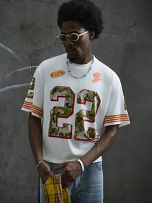 Manfinity ZONE917 Street Fashion Colorblock Number 22 Print Boxy Oversized Short T-Shirt Men's Cropped Tops, 22 Jersey Shirt, Jerseys For Men Y2k, Men Oversized Crop Printed - White - View 5