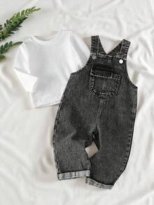 SHEIN Vintaside Kids Baby Boy Casual Denim Bib Pants And Solid Color Round Neck Long Sleeve T-Shirt Set