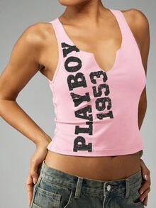 Missguided x Playboy 純棉俏皮女風坦克背心 大學校隊風 垂直文字印花 學院風 亮眼夏季休閒短版 賽車背 城市Y2K街頭風 - 粉色 - 查看 5