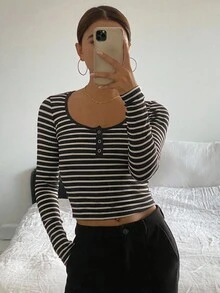 Livesso Ladies Black Striped Crew Neck Casual T-Shirt Long Sleeve Women Tops - Black - View 5