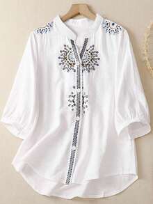 EMERY ROSE Plus Size Vintage Embroidered Casual Holiday Shirt - White - View 1