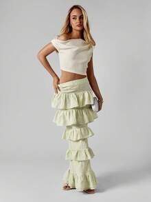 MISSGUIDED Sage Green Tiered Ruffle Maxi Skirt With Lace Textured Fabric And High Rise Waist For Spring Summer Christmas - Green - View 3