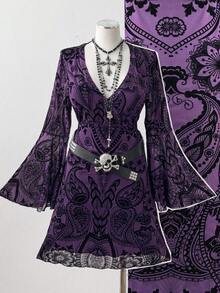 Sunspun Đầm ôm sát tay loe cổ chữ V tay dài hở vai họa tiết Paisley thời trang ngọt ngào, thanh lịch, cỡ lớn - Nhiều màu - Xem 1