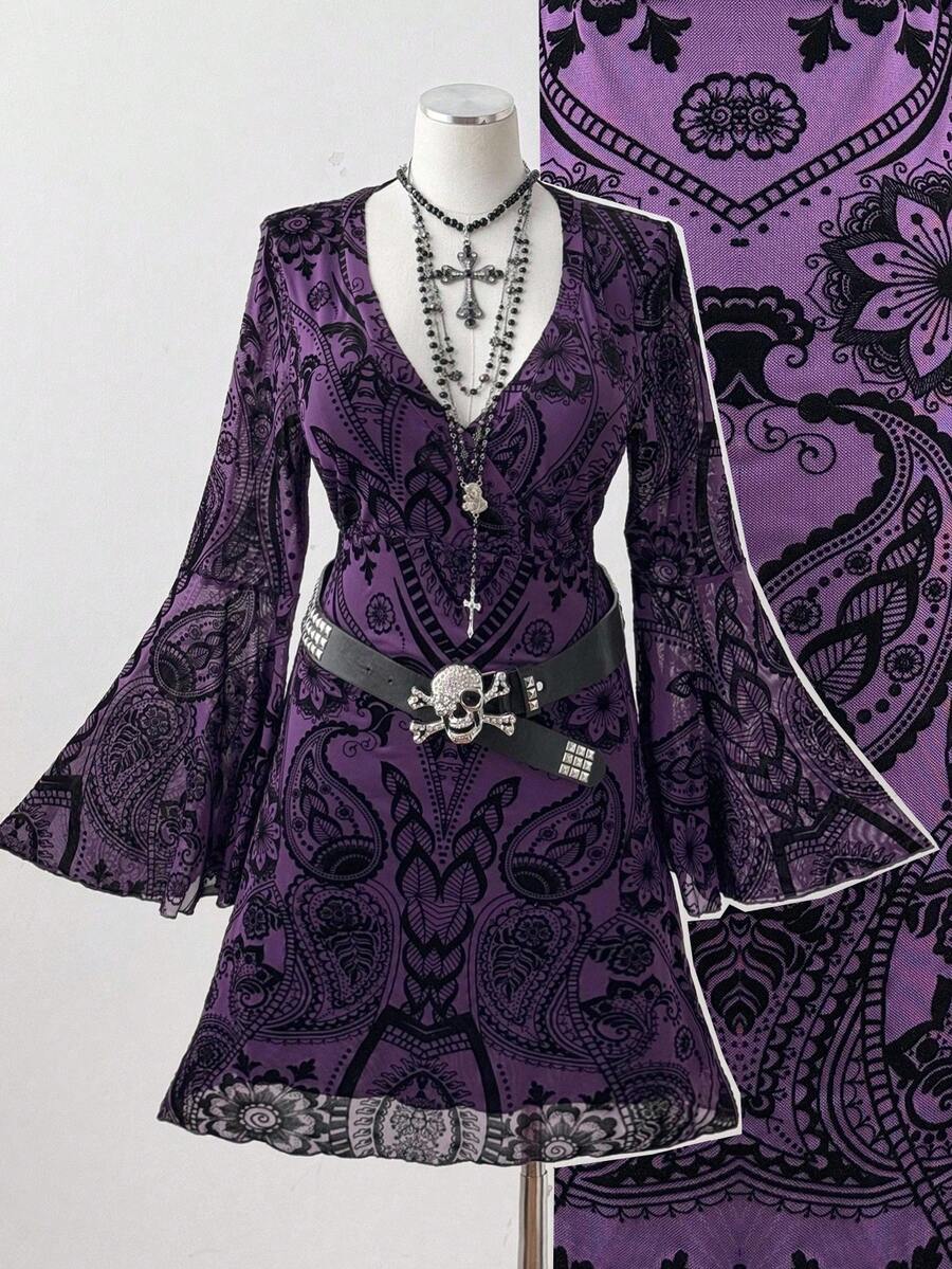 Sunspun Đầm ôm sát tay loe cổ chữ V tay dài hở vai họa tiết Paisley thời trang ngọt ngào, thanh lịch, cỡ lớn - Nhiều màu - Xem 1