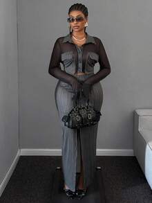 Maweii Conjunto de falda de cintura alta con diseño de rayas y blusa de manga larga con cuello para mujer de talla grande - Blanco y Negro - Ver 3