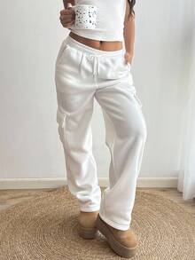 SHEIN Unity Women's Solid Color Drawstring Waist Cargo Pocket Straight Leg Casual White Sweatpants - White - View 3