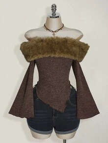 SHEIN ICON Große Größen Rollkragen Patchwork Off-Shoulder Brauner Y2K Vintage Strickpullover