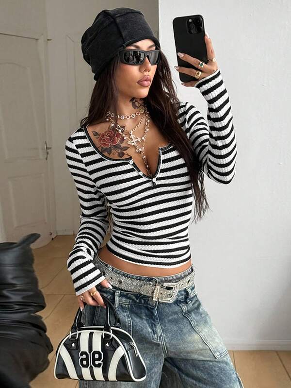 Coolane Camiseta corta de manga larga con estampado gráfico, rayas y elástica para uso diario, casual, de vuelta al colegio y streetwear para mujer en otoño/invierno