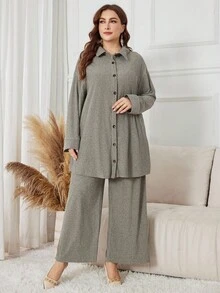 Lacomfia Plus Size Women Casual Two Pieces Set: Dropped Shoulder Long Sleeve Single-Breasted Top And Wide Leg Pants, Autumn - Grey - View 6
