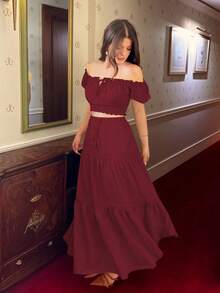 Elenzga New Women's Off Shoulder Puff Sleeve Front Tie Bow Waist Gathered A-Line Skirt, Vacation Casual Fashion Young Daily Versatile Flattering Elegant 2 Pieces Set - Burgundy - View 6