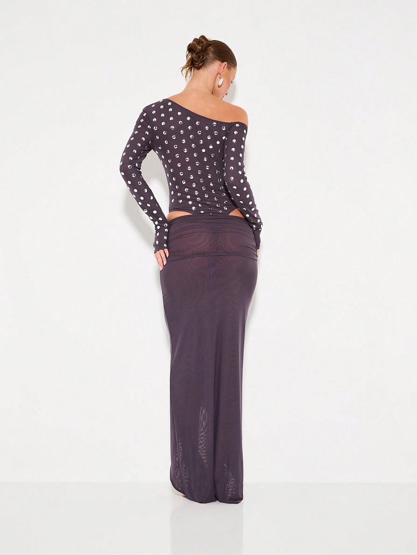 KIZN Studded Mesh Off-Shoulder Top With Ruched Maxi Skirt