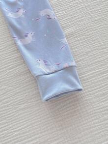 SHEIN 3 件套女童柔软舒适独角兽、云朵、雨滴印花贴身长袖上衣和裤子睡衣套装，秋冬 - 紫色 - 查看 7