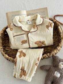 LMoss Kids 2件套男婴编织可爱熊图案翻领开衫和裤子睡衣套装 - 彩色 - 查看 3