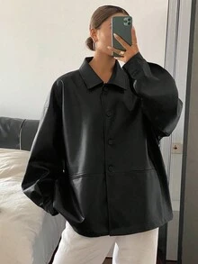 Livesso 女士宽松休闲加厚商务休闲夹克，秋冬新款皮夹克女式外套 - 黑色 - 查看 2