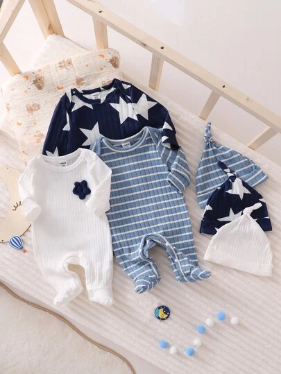 6 件新生儿简约时尚可爱长袖连脚连体衣和帽子套装，家居服