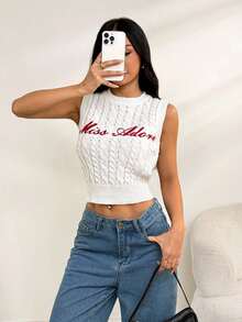 SHEIN PETITE 女士无袖字母图案针织上衣、返校服装、羊毛上衣、冬季女装、可爱羊毛背心、新年毛衣 - 白色 - 查看 4