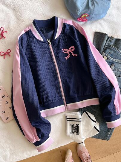 Girls' Textured Fabric Fashionable Ribbed Collar Drawstring Streetwear Y2K Style Long Sleeve Outdoor Sports Jacket With Butterfly Print, Suitable For Spring, Autumn And Winter Fall