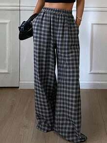 DAZY 女士宽松休闲格子直筒裤，适合商务通勤，简约时尚，秋冬 - 黑色 - 查看 7