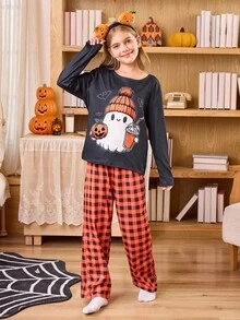 Halloween Cute Ghost Print Pajama Set With Plaid Pants, For Big Girls - Black - View 3