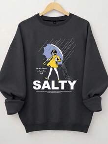 EMERY ROSE 加大码女式 Salty 带雨伞图案圆领运动衫，适合度假和日常穿着，休闲运动衫 - 深灰色 - 查看 1