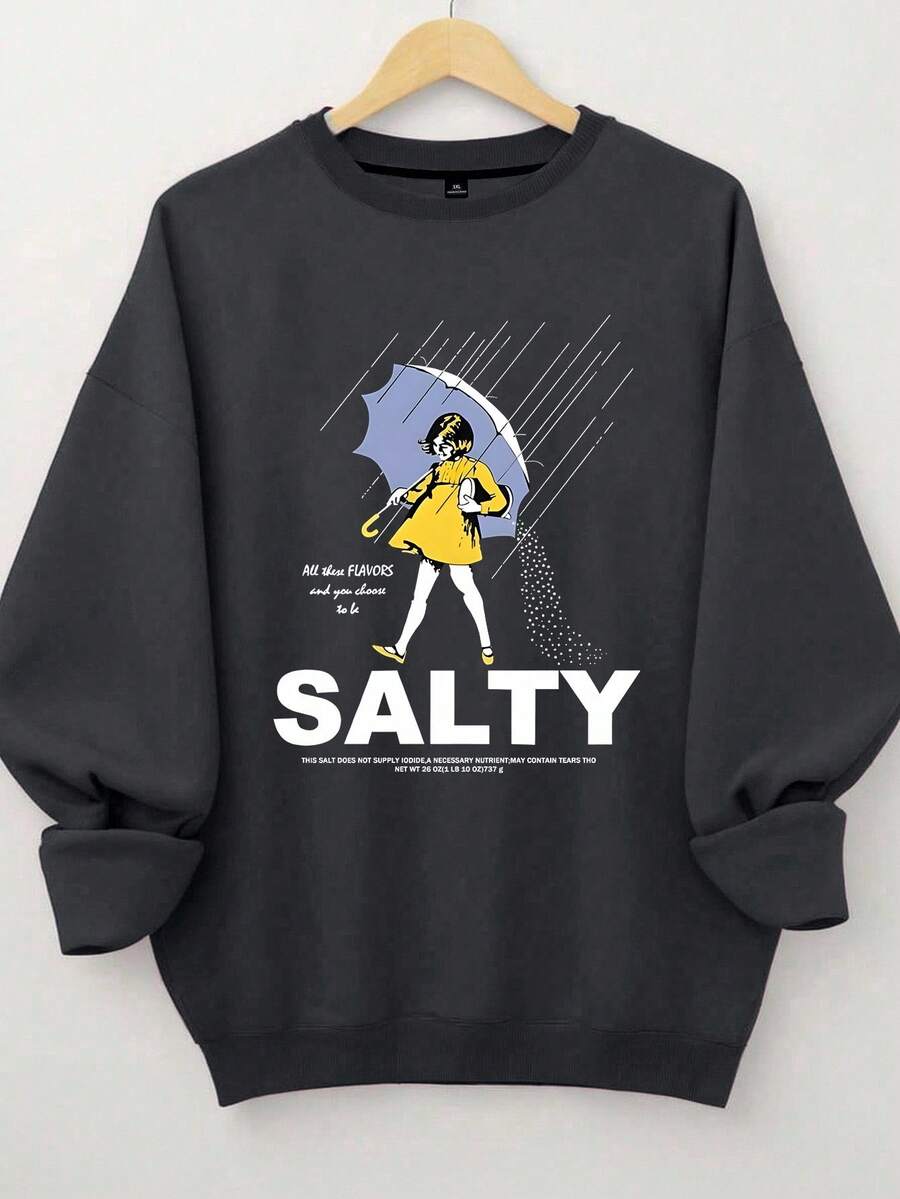 EMERY ROSE 加大码女式 Salty 带雨伞图案圆领运动衫,适合度假和日常穿着,休闲运动衫 - 深灰色 - 查看 1