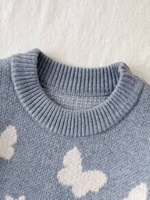 SHEIN 少女厚羊毛混纺针织毛衣，圆领长袖，蝴蝶提花图案，温暖柔软，适合万圣节、圣诞节、秋冬季 - 藍色 - 查看 4