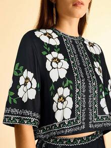 CAJUNI 2件套女士印花T恤和阔腿裤 - 黑色 - 查看 4