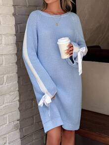 Casual Crew Neck Color Block Balloon Sleeve Bow Tie Cuffs Mini Knit Dress Baby Blue Sweater Dress Jumper Dress Blue Knit Dress With Bows Sweater Dress With Bows,Winter Dresses For Women,Dresses For Women,Jumpers For Women,Winter Dresses