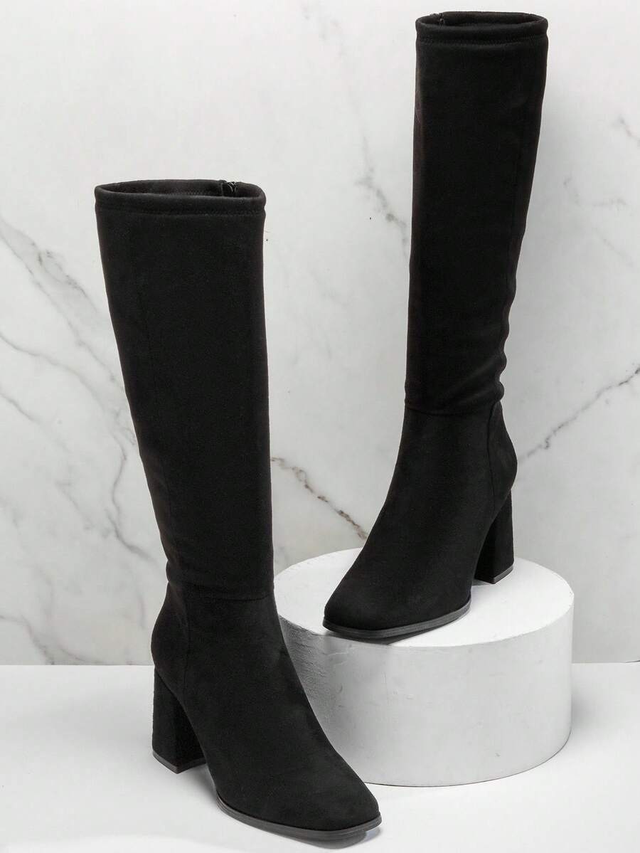 SHUZIA بوت نسائية ذات كعب مسطح عالي الركبة أنيقة ومريحة - الأسود - مشاهدة 1
