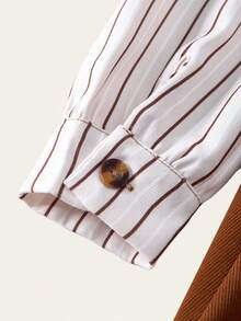 1pc Girls Corduroy Striped Shirt Collar Button Down Dress, Fashionable Casual Everyday Wear Fall Winter - Coffee - View 7