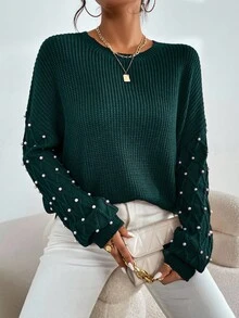 EURMUSE Solid Color Casual Crew Neck Long Sleeve Pullover Women Sweaters - Dark Green - View 7