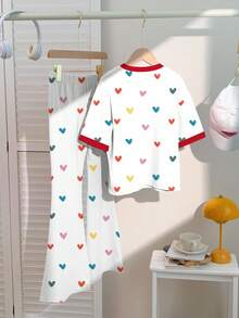 Bộ 2 món/Bộ quần áo tay ngắn in hình trái tim nhiều màu sắc dễ thương thường ngày cho bé gái tuổi teen, phù hợp cho mùa hè, áo phông họa tiết, thời trang đường phố, phong cách Punk, cổ điển, trở lại trường, trang phục ngày lễ, dễ thương, bộ trang phục cho bé gái, quần áo cho bé gái tuổi teen, quần áo cho bé gái, trẻ em, trở lại trường, tiệc chào đón, quần áo đi học, thường ngày - Nhiều màu - Xem 3