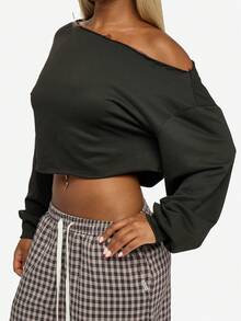 SUMWON WOMEN 休闲露肩短款运动衫长款灯笼袖毛边冬季秋季假日时尚套头衫基本款日常必备 - 黑色 - 查看 7