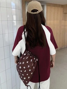 DAZY Women's Round Neck Short Sleeve Patchwork T-Shirt, EXCELLENT BETTER PROSPECT Summer Oversized T-Shirt - Burgundy - View 5