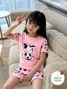 Young Girls 2pcs Tight Fit Pajama Set With Cute Cow Print On Short Sleeve Top And Shorts
