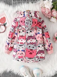 SHEIN Elladie kids 女童可愛貓咪印花輕便夾克，保暖內裡連帽外套，適合學校、戶外活動與家庭聚會，秋冬款 - 彩色 - 查看 2