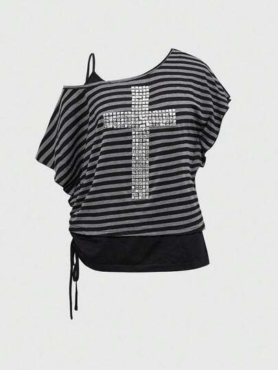J-Fashion Women's Retro Punk Subculture Oblique Shoulder Loose Fit Black & Gray Cross Graphic Decorative Vintage Striped Basic T-Shirt