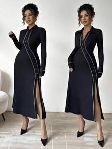 Chiquease Women's Elegant Black And White Asymmetrical Placket Knitted Shirt Collar Long Sleeve Fitted Split Hem Midi Dress For Autumn Office Wedding Guest - Black - View 1