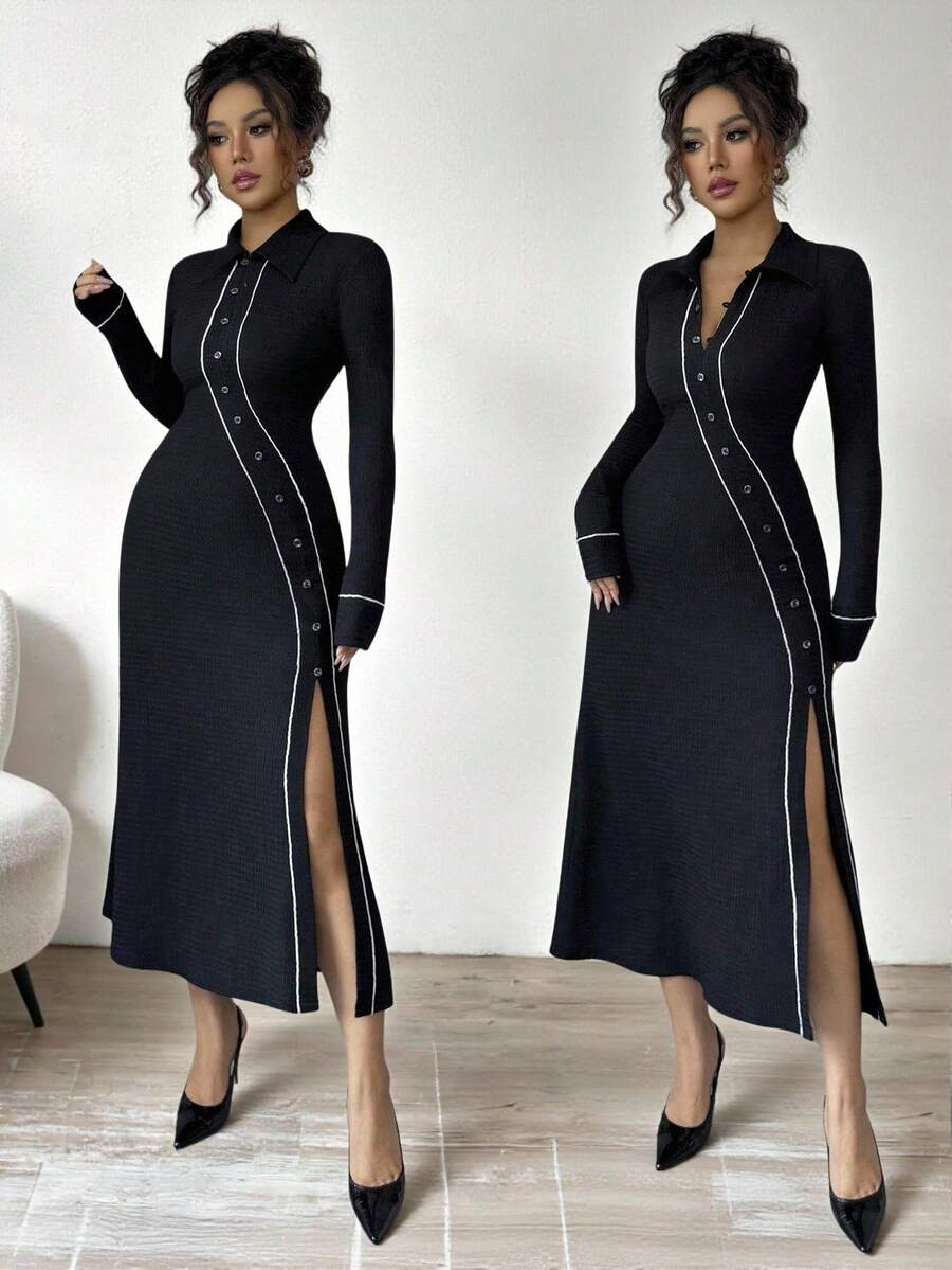 Chiquease Women's Elegant Black And White Asymmetrical Placket Knitted Shirt Collar Long Sleeve Fitted Split Hem Midi Dress For Autumn Office Wedding Guest - Black - View 1