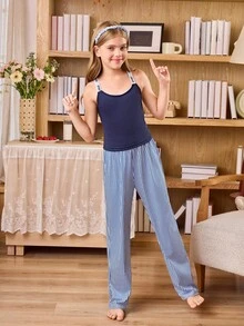 SHEIN Girls' Criss-Cross Strap Tank Top & Striped Pants Pajama Set Teen Girl Sleepwear Sleepwear Set Spaghetti Strap Tween Teen Girls Sets Pj Sets Tween Girls Tween Girl Pants Sets - Navy Blue - View 3