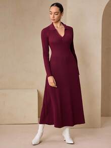 Graceveil Women's Solid Color V-Neck Long Sleeve Elegant Knitted Dress, Autumn - Burgundy - View 6