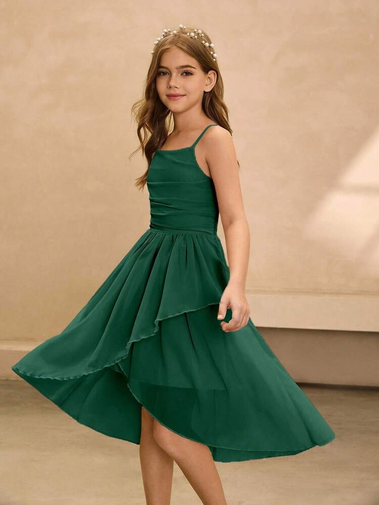 5t green dress Tween Girls Elegant Casual Luxurious Dresses Forest Spaghetti Strap Midi Summer Wedding Party Evening Birthday Performance Prom dress for girls 16