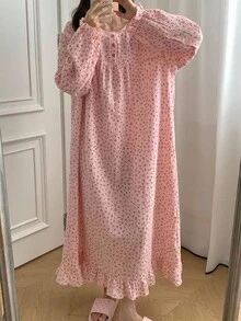 DAZY Sweet Allover Cherry Print Ruffle Trim Nightgown Pajama, Moo Moo Sleep Dress, Fall, Winter - Pink - View 3
