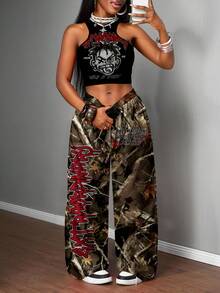 Slaydiva 女士秋装/女士冬装/女装外出上衣/Y2k 服装/街头服饰/2 件套女士休闲街头紧身吊带背心和宽松裤子套装/适合街头风格/适合臀部 - 彩色 - 查看 3