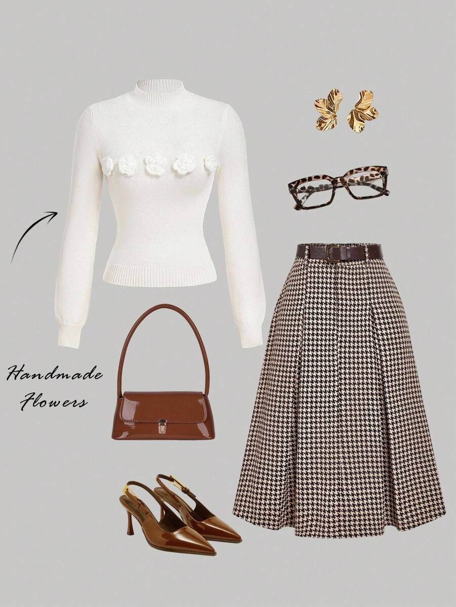 Skyraze Women's French Delicate 3D Floral Knit Sweater In Fall/Winter - White - View 1