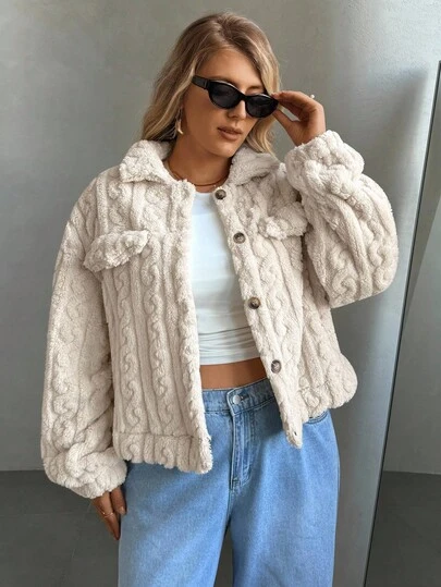 Auralis Plus Size Women's Solid Color Turndown Collar Long Sleeve Fleece Casual Jacket, Autumn/Winter Fall, Apricot Coats, Casual Outfit For Women, Women's Winter Jacket, Women's Winter Coat, Winter Clothes For Women