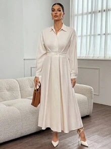 SHEIN Tall 女士米色休闲长腰收腰衬衫裙，优雅百搭，适合聚会、日常穿着和通勤 - 米色 - 查看 3