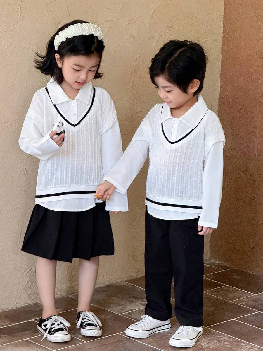 Genkimix Kids 男童学院风长袖拼布领卫衣套装，适合学校、休闲、返校装，春秋季 - 黑與白 - 查看 1