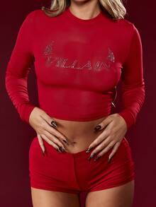 MISSGUIDED مجموعة قطعتين من الأعلى القصير والسروال القصير مع تفاصيل من الراين ستون وأحذية طويلة حتى الفخذ للهالوين وعيد الميلاد - الأحمر - مشاهدة 1