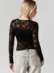 MISSGUIDED Glitter Lace Long Sleeve Fitted Top With Sparkle Embellished Semi Sheer Details - Black - View 2
